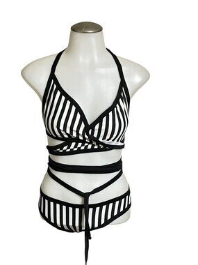 Striped Black & White Wrap Bikini Set Espiral Lingerie XL 92% Polyester 8% Spand
